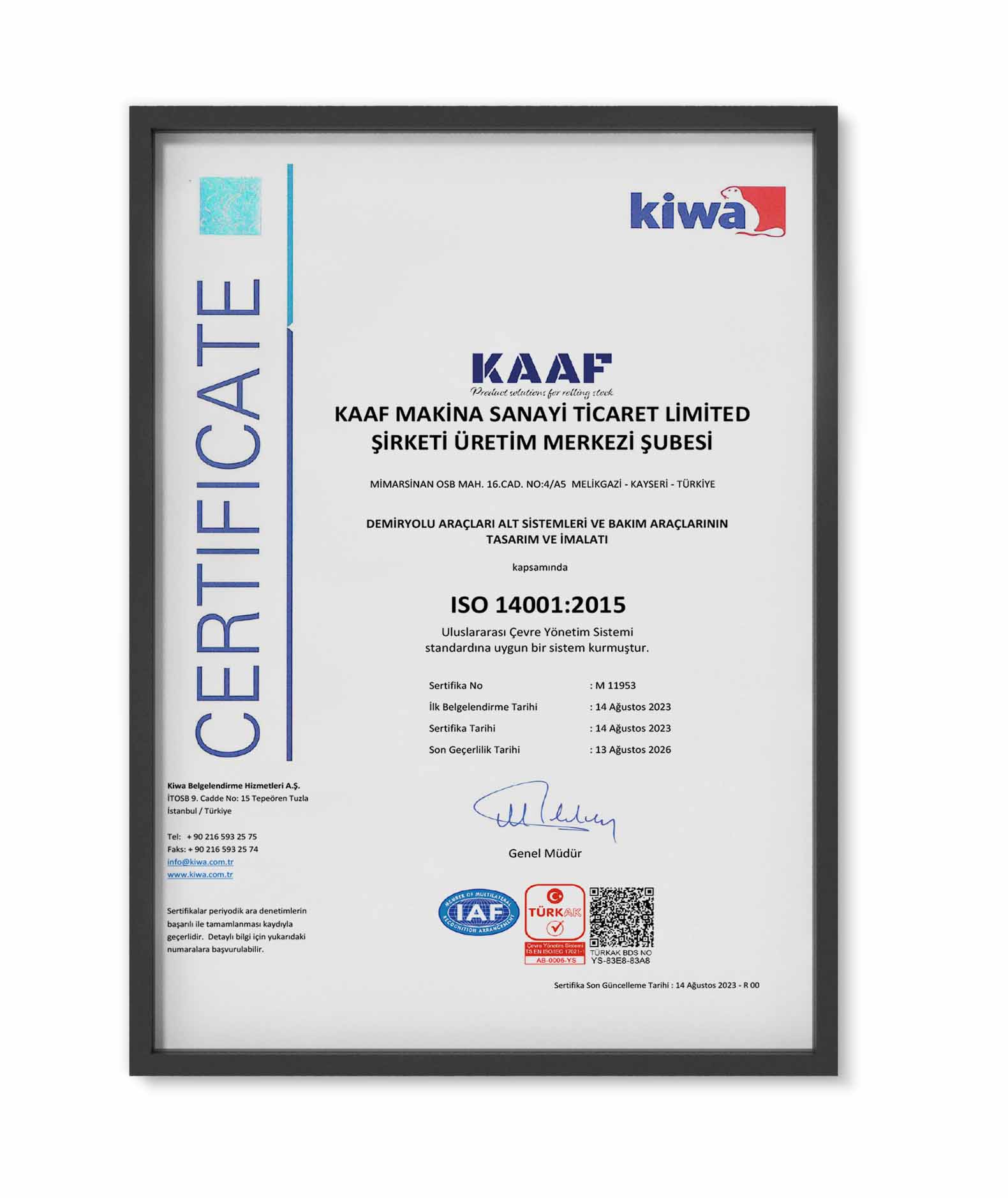 Kaaf 14001 sertifikası