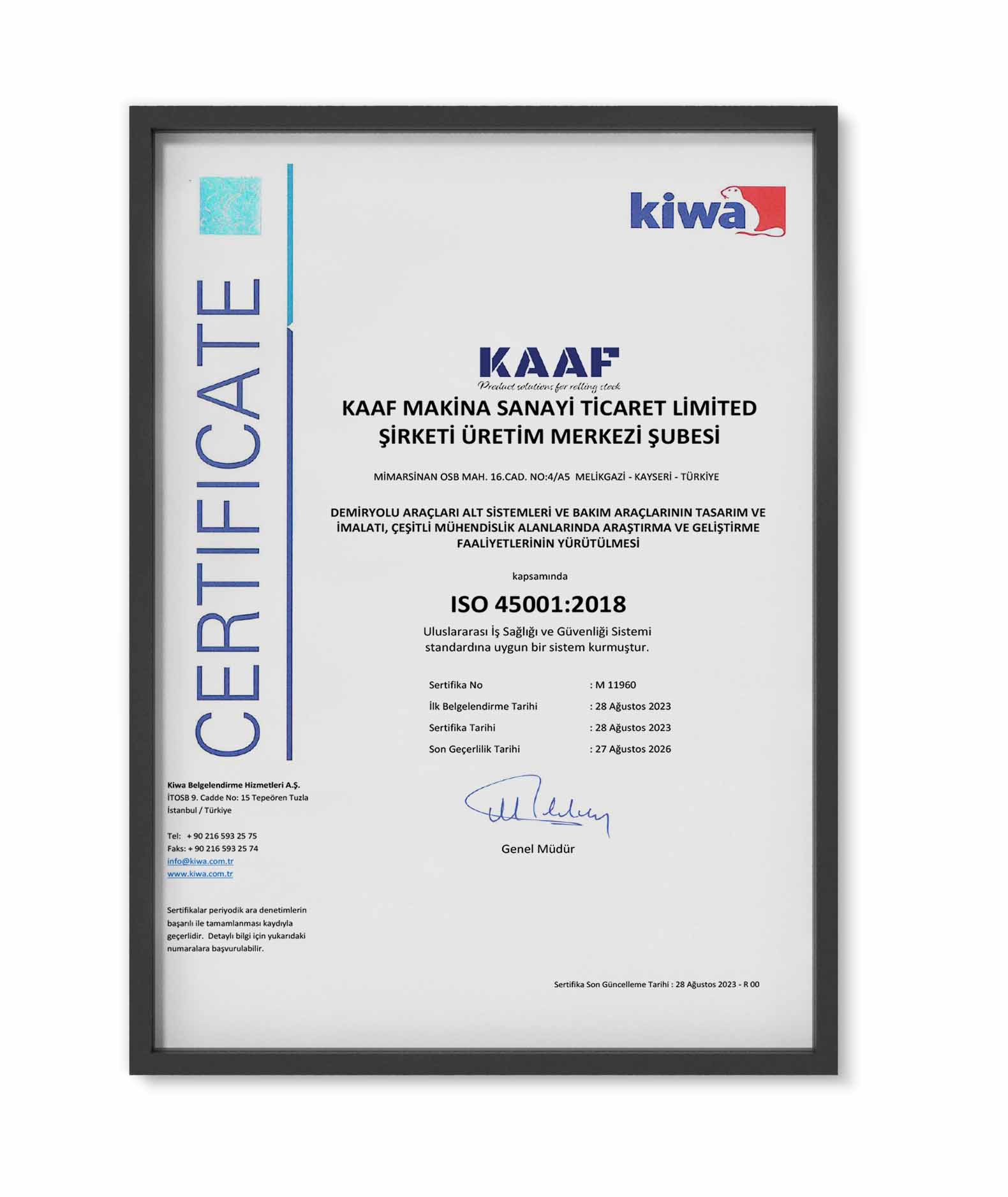 Kaaf 45001 sertifikası