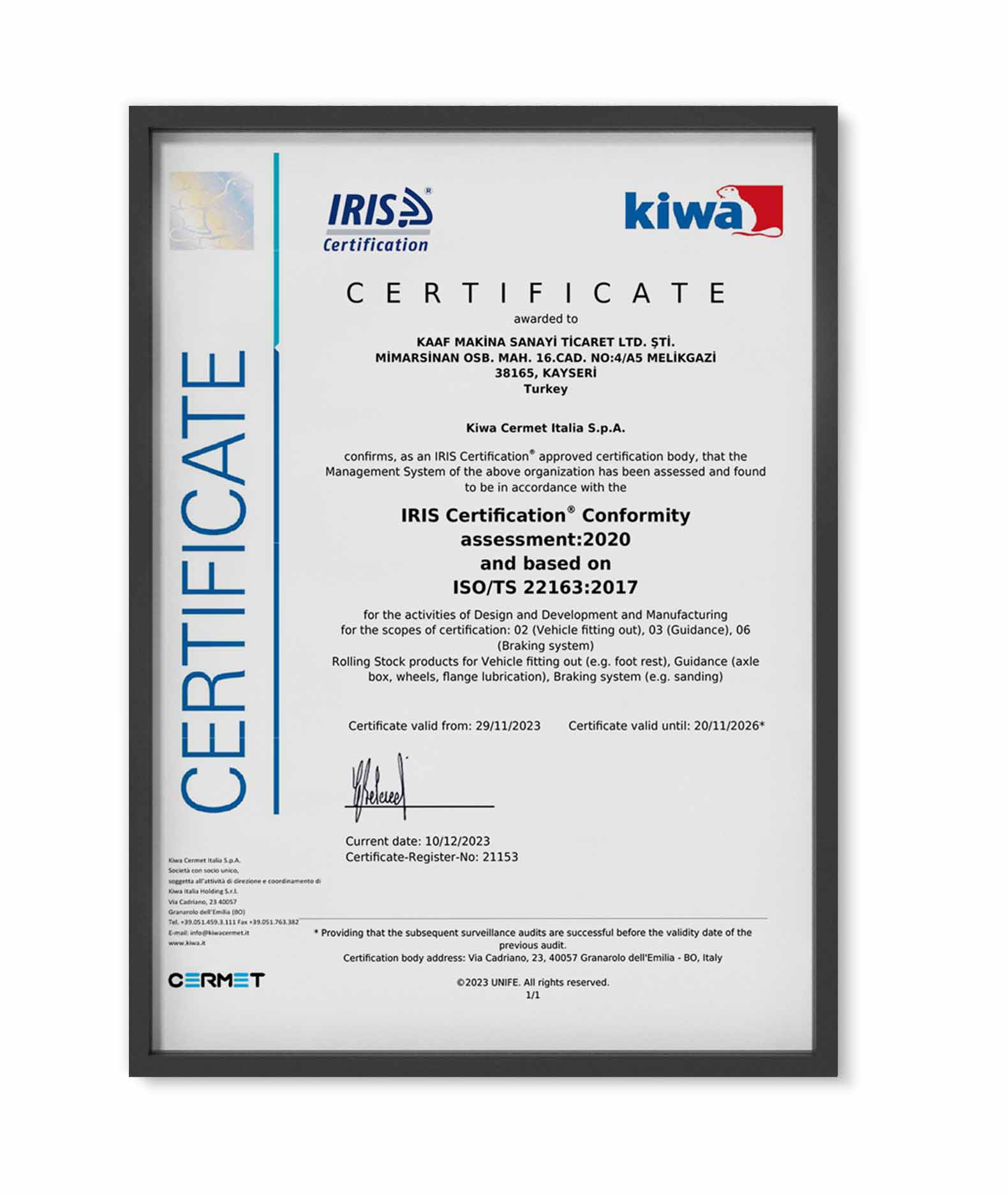 Kaaf IRIS certificate